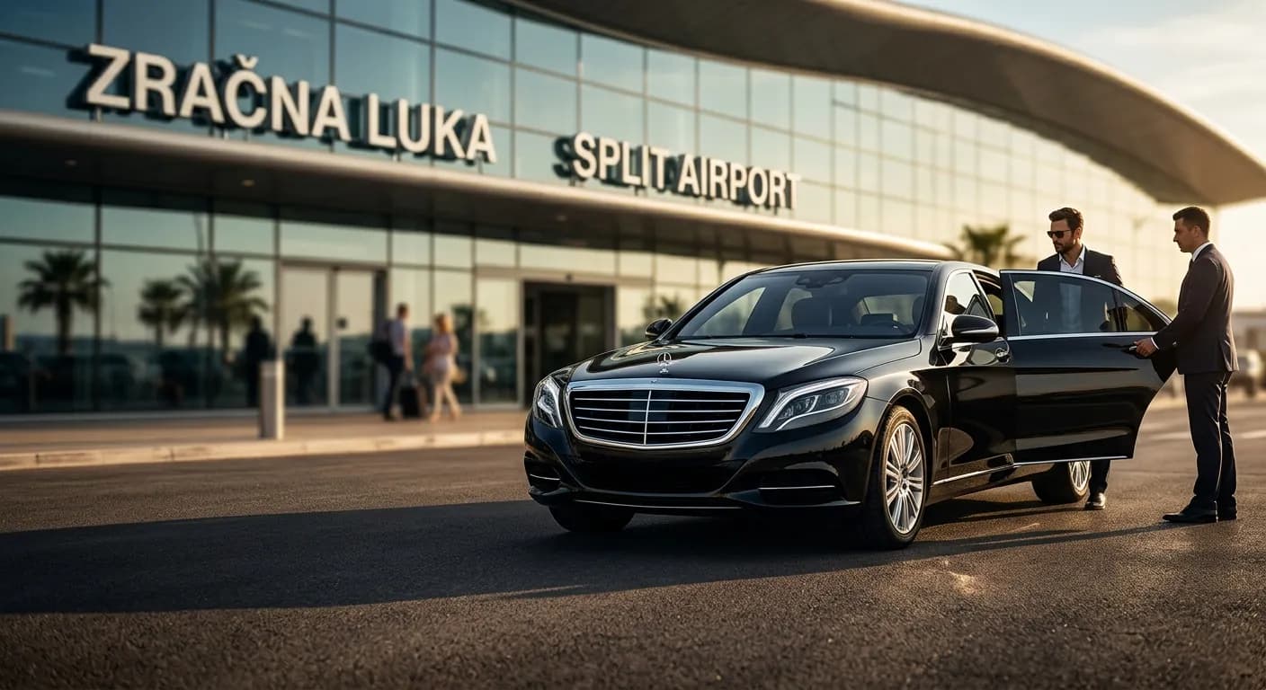 A chauffeur holding the rear door of a black Mercedes-Benz S-Class outside Split Airport at golden hour