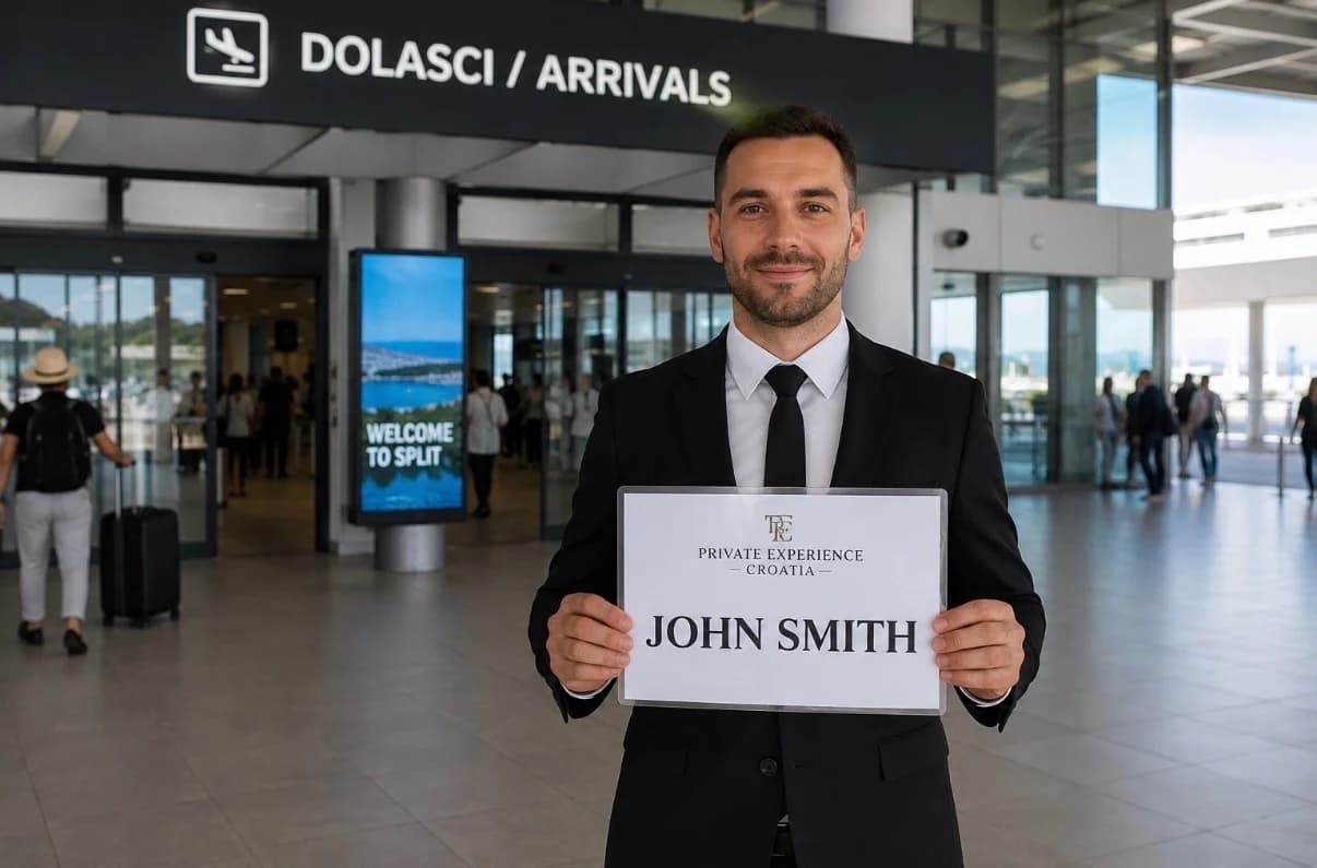 Private driver holding a name sign in the arrivals hall at Split Airport