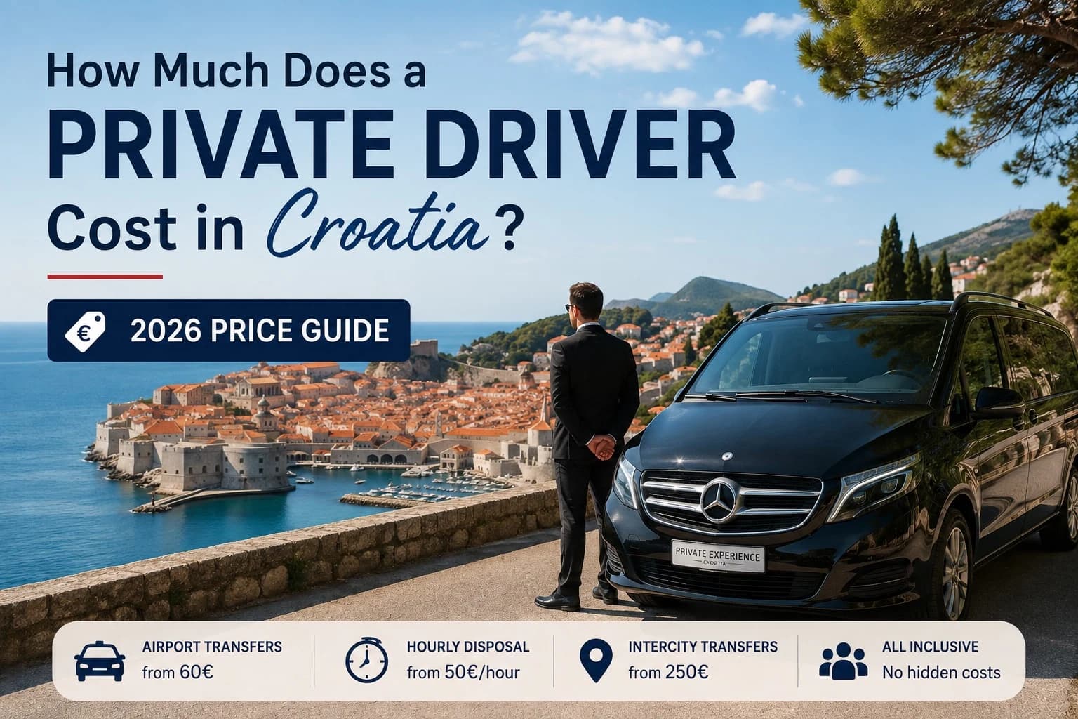 Mercedes private transfer vehicle parked along the Dalmatian coast road